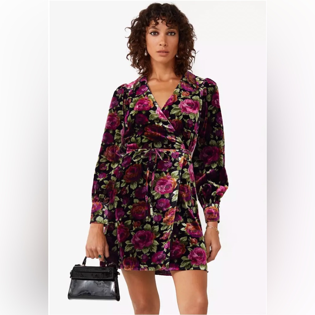 & Other Stories Black Velvet Floral Wrap Dress With Pink And Green Roses